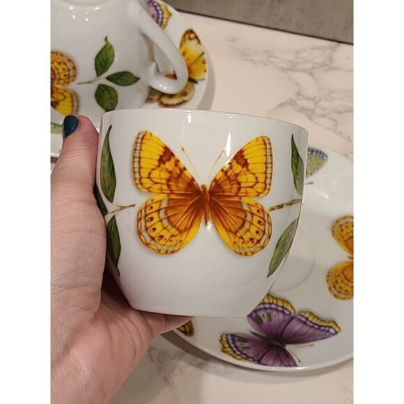 Neiman Marcus set (2) Butterfly Tea Cups saucers 8 oz | 3"H Porcelain Coffee - Picture 8 of 11